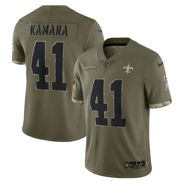 Mens New Orleans Saints #41 Alvin Kamara Olive 2022 Salute To Service Limited Stitched Jersey