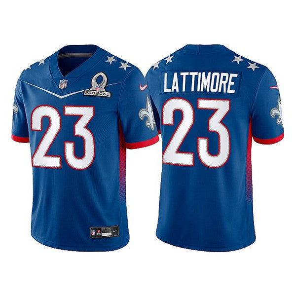 Mens New Orleans Saints #23 Marshon Lattimore 2022 Royal Pro Bowl Stitched Jersey