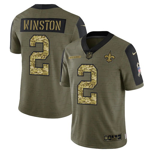 Mens New Orleans Saints #2 Jameis Winston 2021 Olive Camo Salute To Service Limited Stitched Jersey