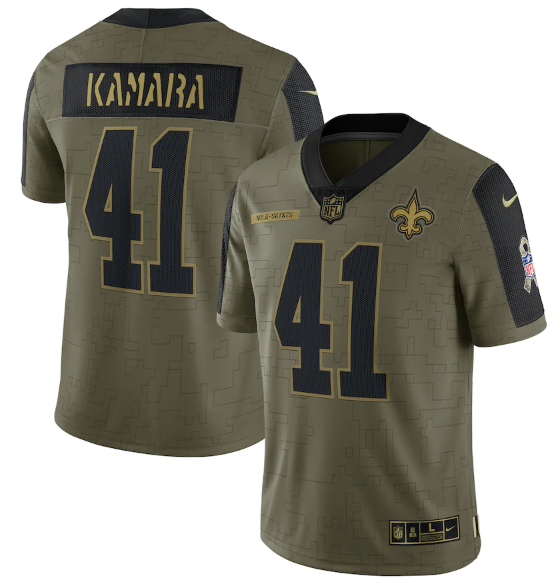 Mens New Orleans Saints #41 Alvin Kamara 2021 Olive Salute To Service Limited Stitched Jersey