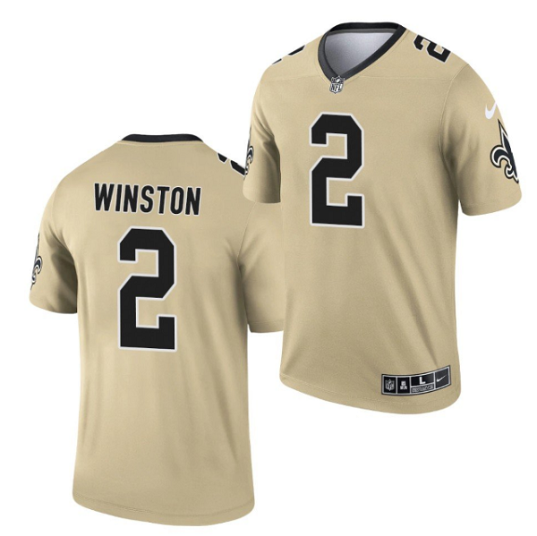 Mens New Orleans Saints #2 Jameis Winston 2021 Gold Inverted Legend Stitched Jersey