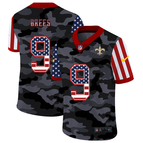 Mens New Orleans Saints #9 Drew Brees 2020 Camo USA Flag Limited Stitched Jersey