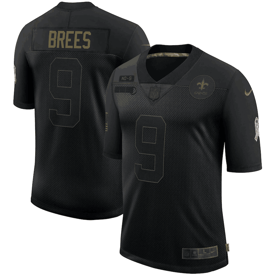 Mens New Orleans Saints #9 Drew Brees 2020 Black Salute To Service Limited Stitched Jersey