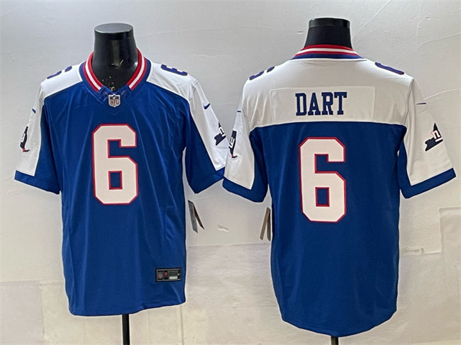 Mens New York Giants #6 Jaxson Dart Royal White 2025 Draft FUSE State Patch Vapor Limited Stitched Football Jersey