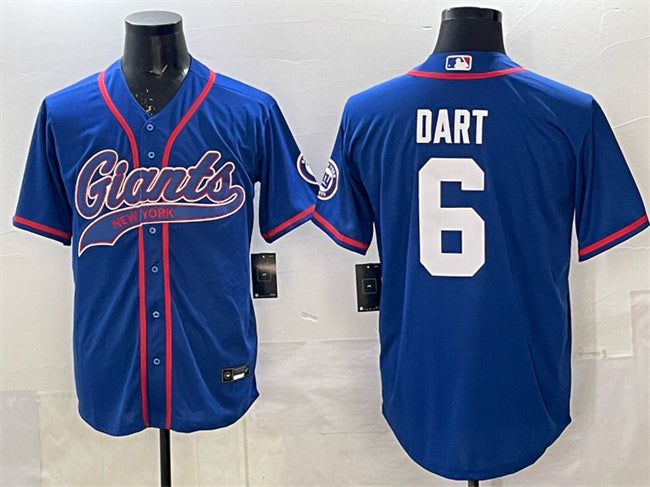 Mens New York Giants #6 Jaxson Dart Royal With Patch Cool Base Stitched Baseball Jersey