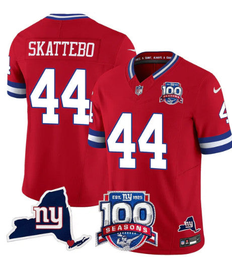 Mens New York Giants #44 Cam Skattebo Red 2025 Draft FUSE 100th Season State Patch Vapor Limited Stitched Football Jersey