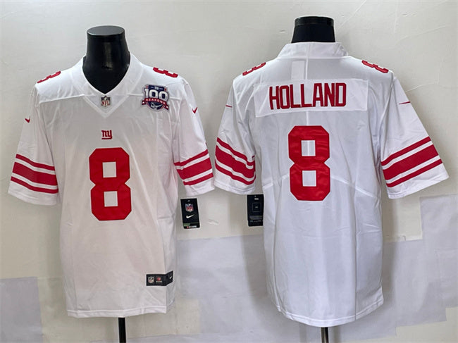 Mens New York Giants #8 Jevon Holland White 2025 With 100th Season Patch Vapor Untouchable Limited Stitched Jersey