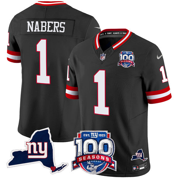 Mens New York Giants #1 Malik Nabers Black 2024 FUSE 100th Season And State Patch Vapor Limited Stitched Football Jersey