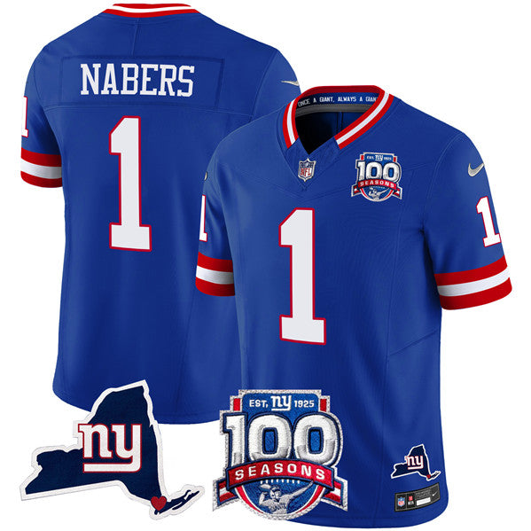 Mens New York Giants #1 Malik Nabers Royal 2024 FUSE 100th Season And State Patch Vapor Limited Stitched Football Jersey