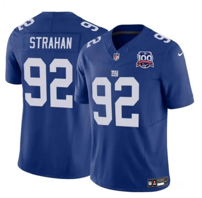 Mens New York Giants #92 Michael Strahan Blue 2024 FUSE 100TH Season Patch Vapor Untouchable Limited Stitched Jersey