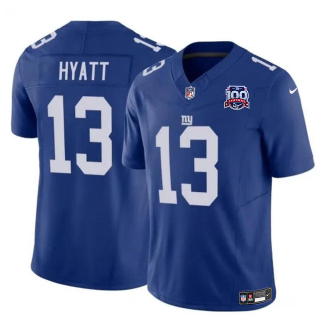 Mens New York Giants #13 Jalin Hyatt Blue 2024 FUSE 100TH Season Patch Vapor Untouchable Limited Stitched Jersey
