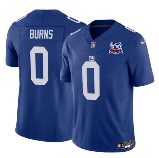 Mens New York Giants #0 Brian Burns Blue 2024 FUSE 100TH Season Patch Vapor Untouchable Limited Stitched Jersey