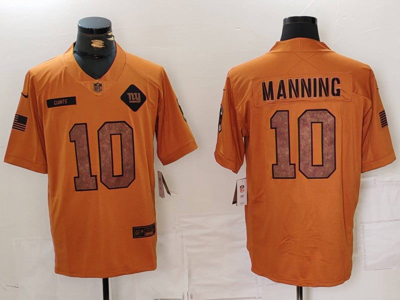 Mens New York Giants #10 Eli Manning 2023 Brown Salute To Service Limited Stitched Football Jersey
