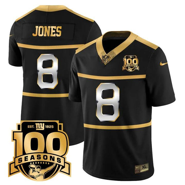 Mens New York Giants #8 Daniel Jones Black Gold FUSE 100TH Season Commemorative Patch Limited Stitched Football Jersey