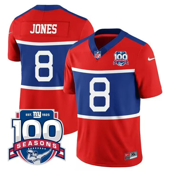 Mens New York Giants #8 Daniel Jones Century Red FUSE 100TH Season Commemorative Patch Limited Stitched Football Jersey
