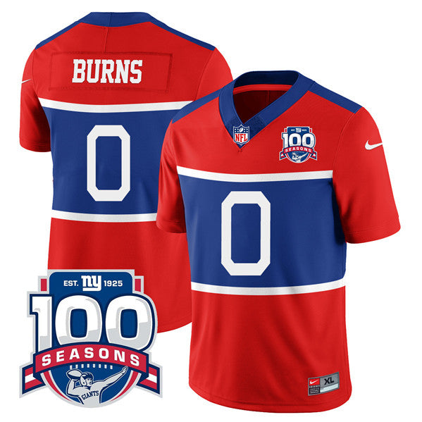 Mens New York Giants #0 Brian Burns Century Red FUSE 100TH Season Commemorative Patch Limited Stitched Football Jersey