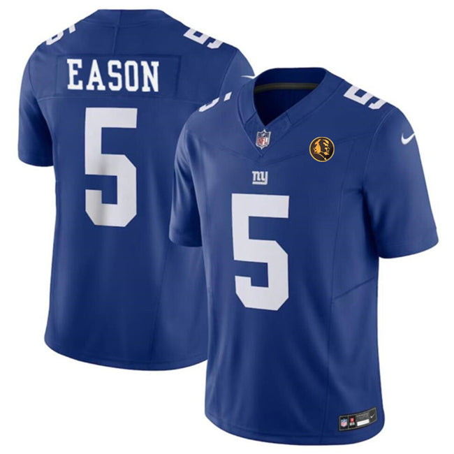 Mens New York Giants #5 Jacob Eason Blue 2023 FUSE With John Madden Patch Vapor Limited Stitched Football Jersey