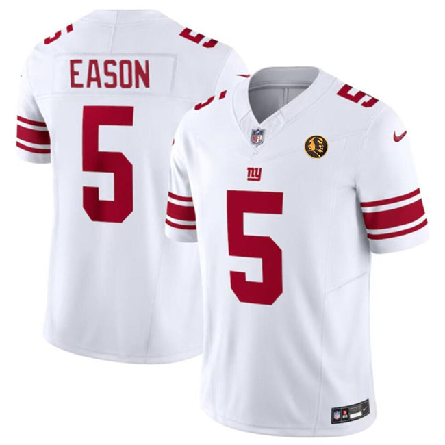 Mens New York Giants #5 Jacob Eason White 2023 FUSE With John Madden Patch Vapor Limited Stitched Football Jersey