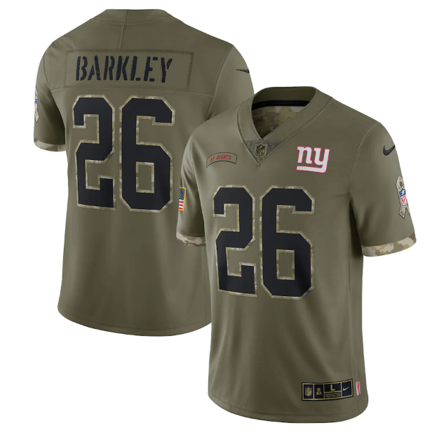 Mens New York Giants #26 Saquon Barkley Olive 2022 Salute To Service Limited Stitched Jersey