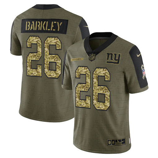Mens New York Giants #26 Saquon Barkley 2021 Olive Camo Salute To Service Limited Stitched Jersey
