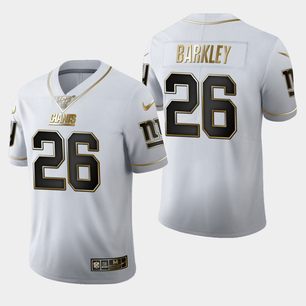 Mens New York Giants #26 Saquon Barkley White 2019 100th Season Golden Edition Limited Stitched NFL Jersey