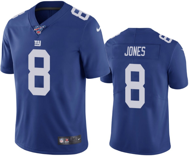 Mens New York Giants #8 Daniel Jones Blue 2019 100th Season Vapor Untouchable Limited Stitched NFL Jersey