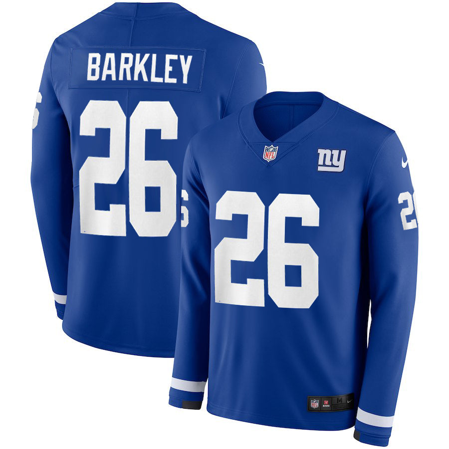 Mens New York Giants #26 Saquon Barkley Royal Therma Long Sleeve Stitched NFL Jersey