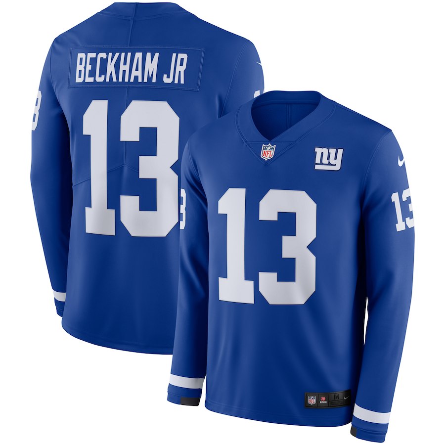 Mens New York Giants #13 Odell Beckham Jr Royal Therma Long Sleeve Stitched NFL Jersey