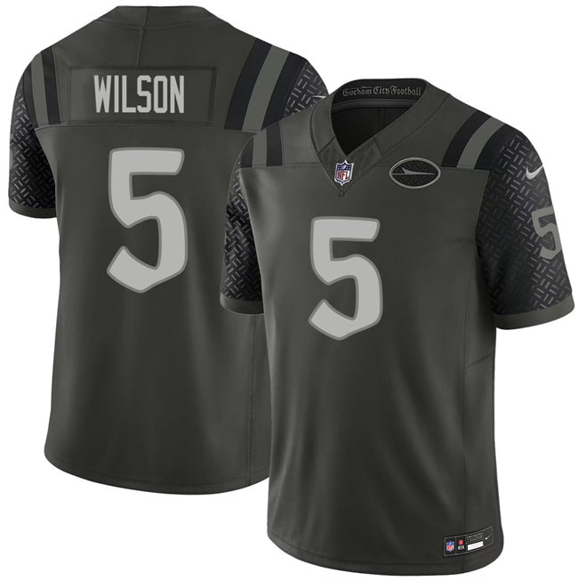 Mens New York Jets #5 Garrett Wilson Black 2025 FUSE ¡°Rivalries¡± Vapor Limited Stitched Football Jersey