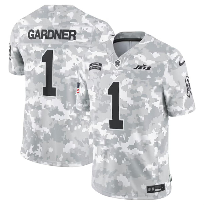 Mens New York Jets #1 Sauce Gardner 2024 FUSE Arctic Camo Salute to Service Limited Stitched Football Jersey