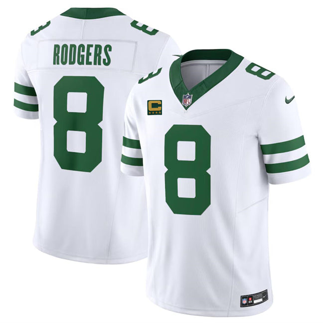 Mens New York Jets #8 Aaron Rodgers White 2024 FUSE With 4-Star C Patch Vapor Limited Throwback Stitched Football Jersey