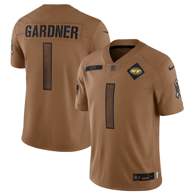 Mens New York Jets #1 Sauce Gardner 2023 Brown Salute To Service Limited Stitched Football Jersey