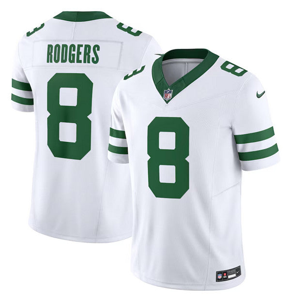 Mens New York Jets #8 Aaron Rodgers White 2023 FUSE Vapor Limited Throwback Stitched Football Jersey