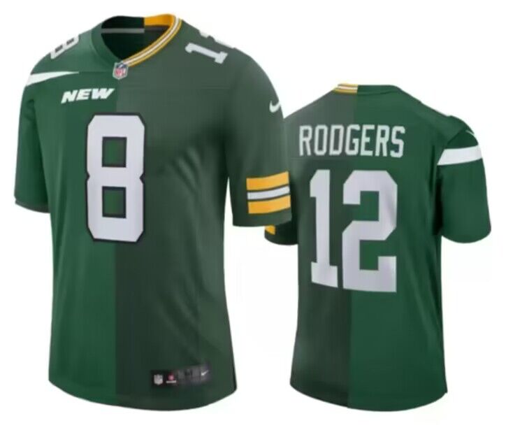 Mens New York Jets Front #8 Back #12 Aaron Rodgers Split Green Jersey