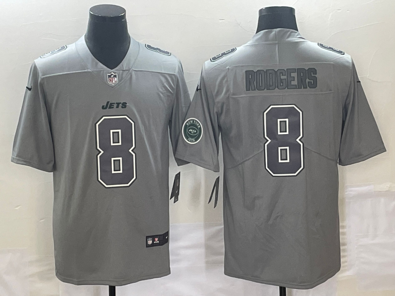 Mens New York Jets #8 Aaron Rodgers Grey With Patch Stitched Jersey