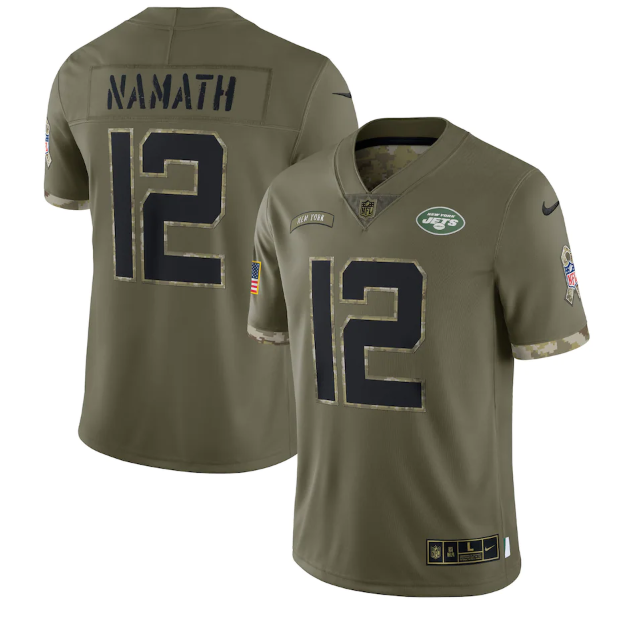 Mens New York Jets #12 Joe Namath Olive 2022 Salute To Service Limited Stitched Jersey