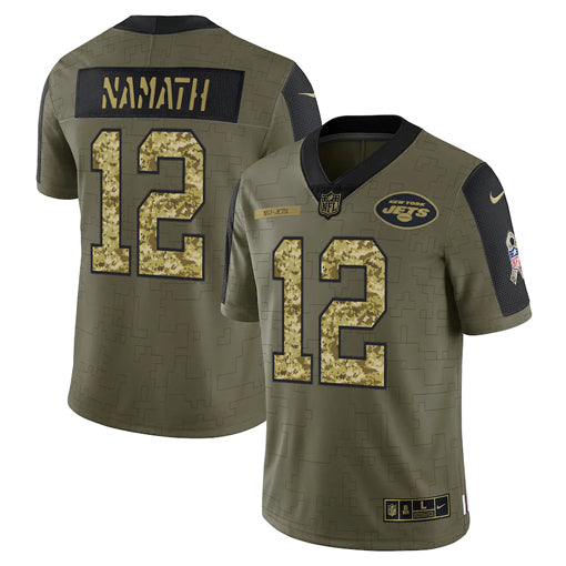 Mens New York Jets #12 Joe Namath 2021 Olive Camo Salute To Service Limited Stitched Jersey