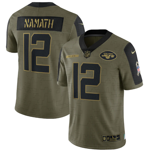 Mens New York Jets #12 Joe Namath 2021 Olive Salute To Service Limited Stitched Jersey