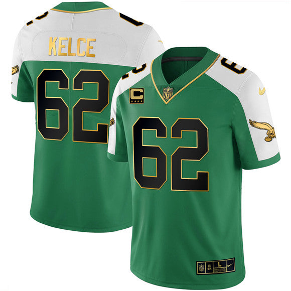 Mens Philadelphia Eagles #62 Jason Kelce Kelly Green Alternate Gold With 4-Star C Patch Stitched Football Jersey