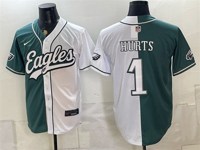 Mens Philadelphia Eagles #1 Jalen Hurts Green White Split Stitched Jersey