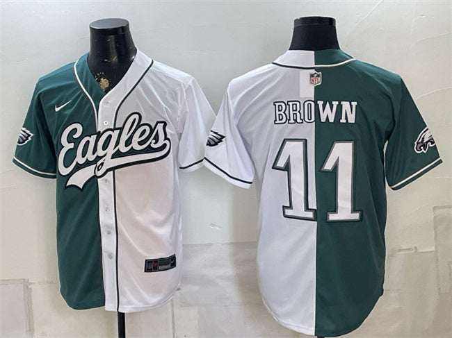 Mens Philadelphia Eagles #11 AJ Brown Green White Split Stitched Jersey