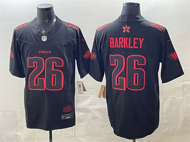 Mens Philadelphia Eagles #26 Saquon Barkley Black 2025 FUSE Stranger Things Edition Vapor Limited Stitched Football Jersey
