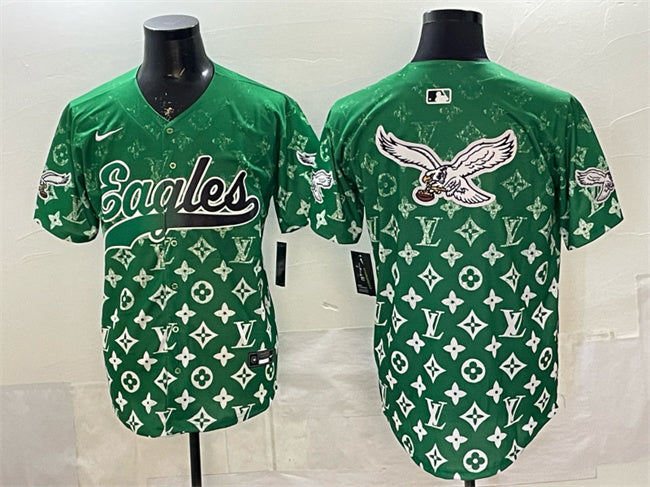 Mens Philadelphia Eagles Team Big Logo Green With Patch Limited Stitched Baseball Jersey