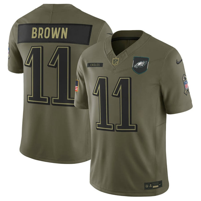Mens Philadelphia Eagles #11 AJ Brown Olive 2025 FUSE Salute to Service Limited Stitched Football Jersey