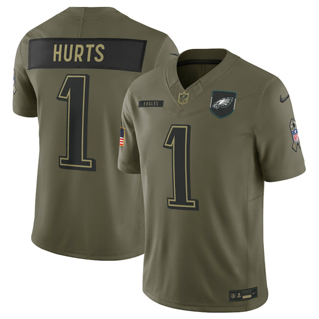 Mens Philadelphia Eagles #1 Jalen Hurts Olive 2025 FUSE Salute to Service Limited Stitched Football Jersey
