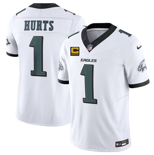 Mens Philadelphia Eagles #1 Jalen Jurts White 2025 FUSE With 4-Star C Patch Vapor Untouchable Limited Stitched Football Jersey