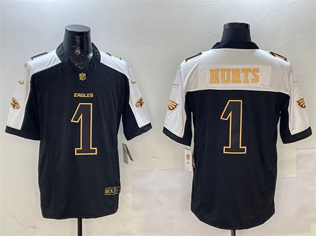 Mens Philadelphia Eagles #1 Jalen Hurts Black/Gold New FUSE Vapor Untouchable Limited Stitched Football Jersey