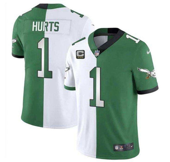 Mens Philadelphia Eagles #1 Jalen Hurts Green/White Split 2025 With 3-Star C Patch Vapor Limited Stitched Football Jersey