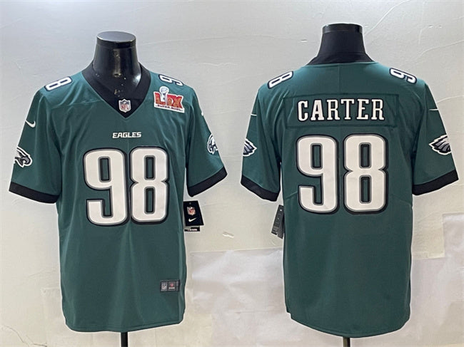 Mens Philadelphia Eagles #98 Jalen Carter Green 2025 Super Bowl LIX Patch New Vapor Untouchable Limited Stitched Football Jersey