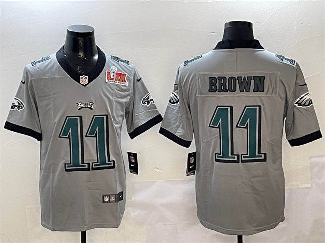 Mens Philadelphia Eagles #11 A J Brown Grey 2025 Super Bowl LIX Patch Vapor Untouchable Limited Stitched Football Jersey